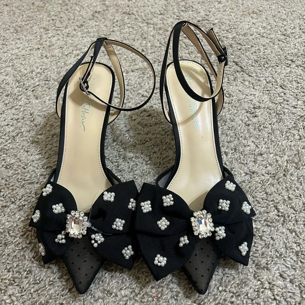 Betsey Johnson Mark Bow Stiletto Heel Pumps Mesh Rhinestone Ankle Strap Size 9.5